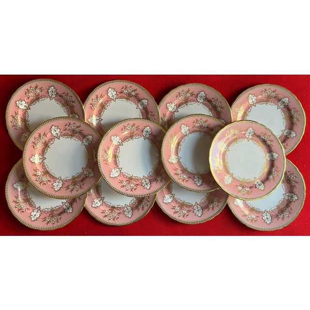 English Aynsley Pink & Gold Foliage English Bone China Porcelain 8 3/8" Plates - Set of 12 For Sale - Image 3 of 11