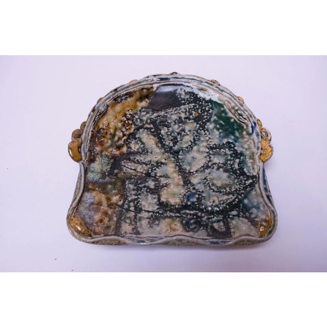 Stoneware slab / decorative plate with of an attractive palette of brown, green and navy with a mottled pattern...