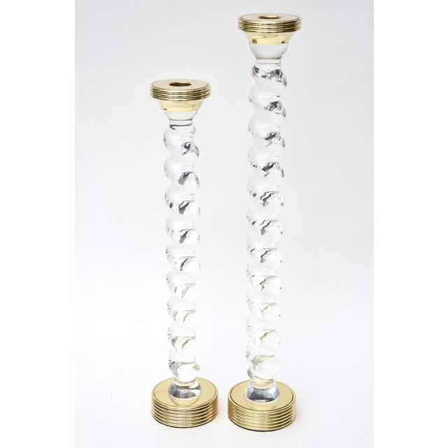 Vintage Rare Twisted Lucite and Brass Stepped Tall Candlesticks Pair Of, 1970's For Sale - Image 10 of 10