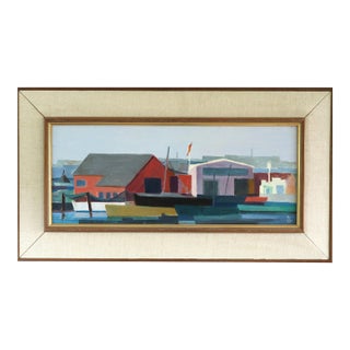 1971 Modernist 'The Colourful Harbour' Swedish Original Coastal Landscape Oil Painting, Framed For Sale