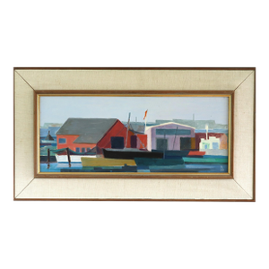 1971 Modernist 'The Colourful Harbour' Swedish Original Coastal Landscape Oil Painting, Framed