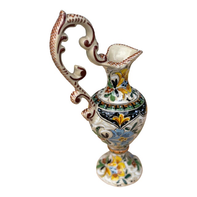 Late 20th Century Hand-Painted Rouen Faience Pitcher With Floral Motifs and Ornate Handle. For Sale