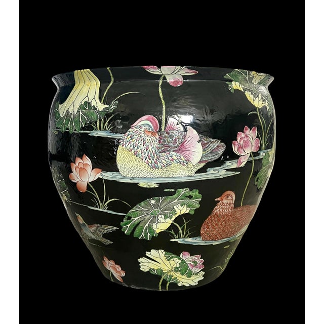 Huge Chinese Famille Noire Black Porcelain Jardiniere, Mandarin Ducks, Birds & Lotus Pond Goldfish Bowl Planter, Signed, Hong Kong For Sale - Image 12 of 14