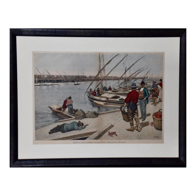 San Francisco Sicilian and Italian Fishermen: A 19th C. Hand-Colored Woodcut, 1889 For Sale