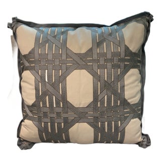 Ivory Pillow With Embroidered Blue Caning Pattern and Flat Flange Edge For Sale