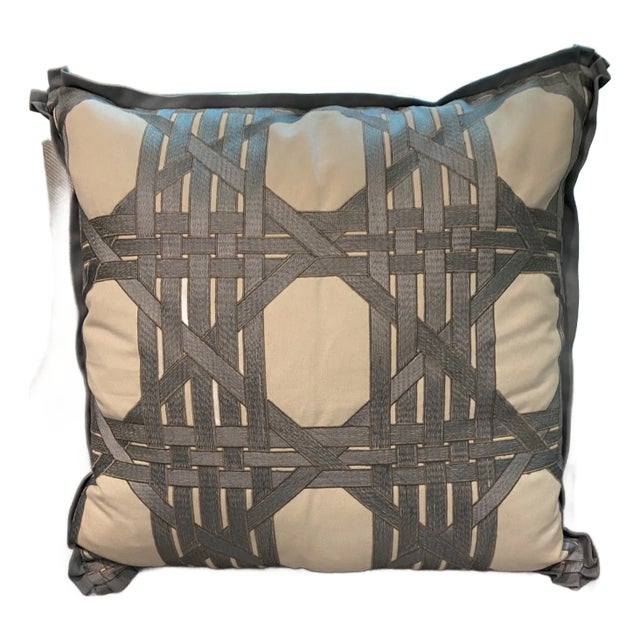 Ivory Pillow With Embroidered Blue Caning Pattern and Flat Flange Edge For Sale