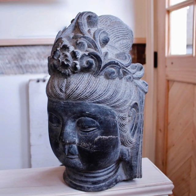 Late 20th Century Chinese Carved Stone Buddhistic Head, (Bodhisattva) For Sale - Image 5 of 13