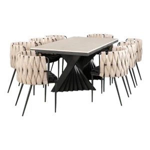 Marble Top Waterfall Dining Set with Black and White Chairs - Set of 9