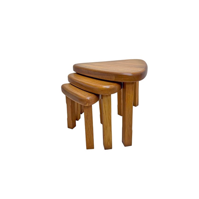 Triangular Oak Nesting Tables by Pierre Chapo, 1970s, Set of 3 For Sale - Image 9 of 10