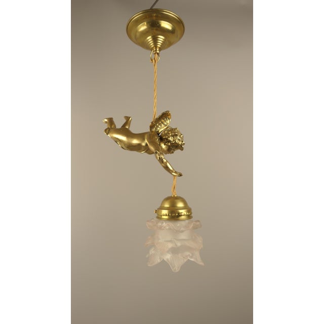 Brass Ceiling Lamp with Putto, France, 1910s For Sale - Image 6 of 10