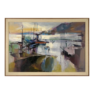 "Rain-Drenched Marina" Mid Century Modern Oakland Seascape in Oil on Linen by Carol Sideman For Sale