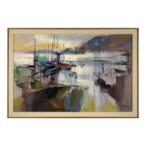 "Rain-Drenched Marina" Mid Century Modern Oakland Seascape in Oil on Linen by Carol Sideman