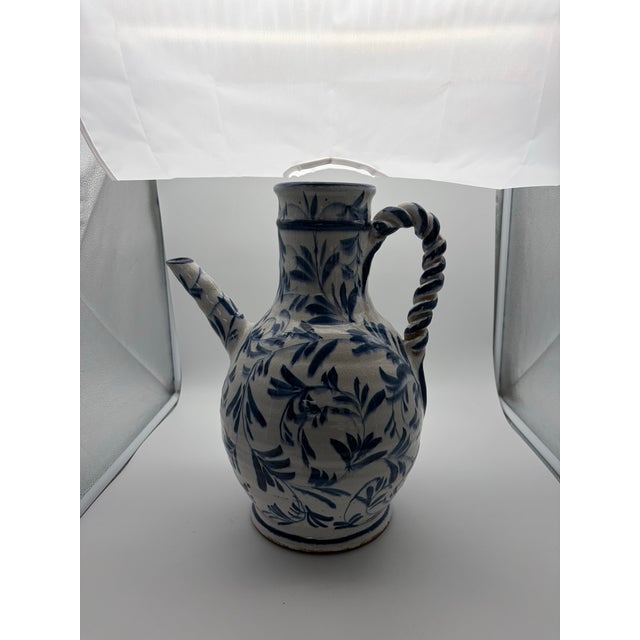 Blue Antique Spanish Fajalauza Granada Blue & White Hand Painted Ceramic Jarra 15” For Sale - Image 8 of 8