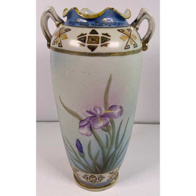 Blue Antique Japanese Hand-Painted Porcelain Vase With Birds & Iris Flowers, Jeweled Gilt Decoration For Sale - Image 8 of 14