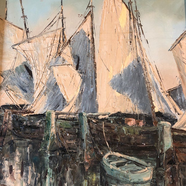 Expressionism Original Vintage Sail Boats in Harbor Seascape Painting For Sale - Image 3 of 7