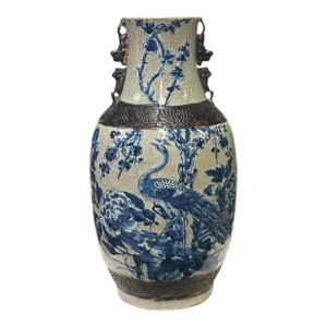 Vintage Chinese Crackle Ceramic Blue White Flower Birds Vase
