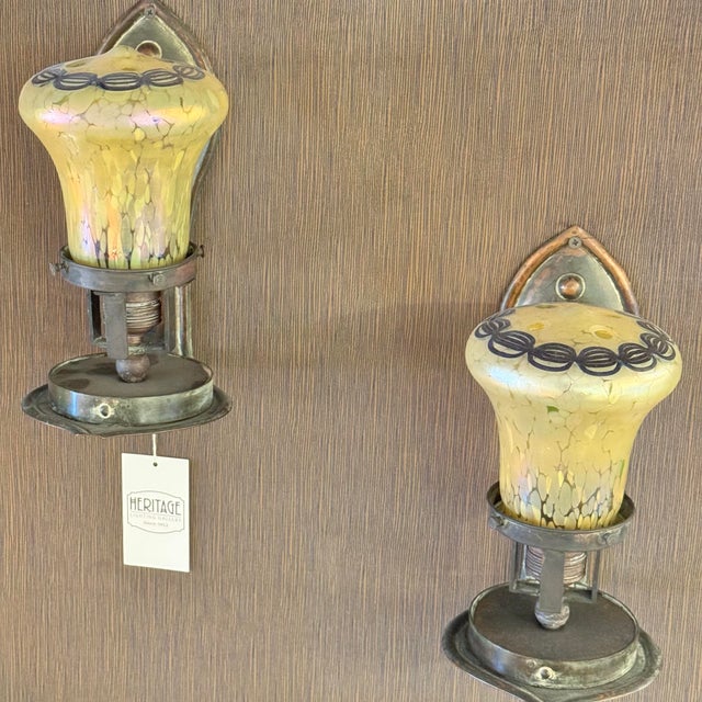 1910s Pair of Early 1900’s Sconces With Rare Glass Shades Attributed to Loetz For Sale - Image 5 of 5