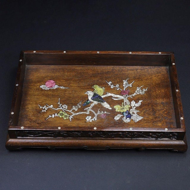 Mid 20th Century Huali Wood Tray With Mother-of-Pearl Inlay “Magpies on Plum Blossom” – Handcrafted Chinese Serving & Decorative Tray For Sale - Image 5 of 10