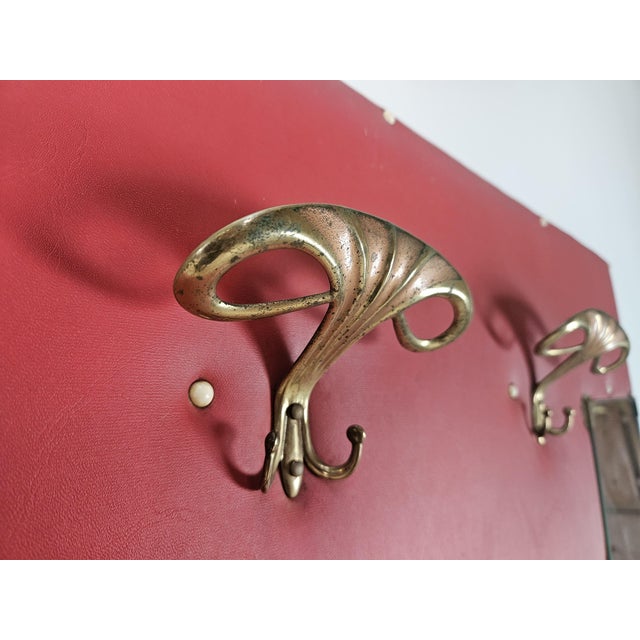 Cream Vintage Coat Hanger in Red Skai with Brass Hooks and Mirror, 1960 For Sale - Image 8 of 18