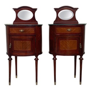 Late 19th Century Louis XVI Style Pair of Marquetry Nightstands with Bronze & Mirror Crest For Sale