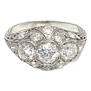 Platinum Art Deco Ring With Old European Cut Diamonds, Size 6 For Sale