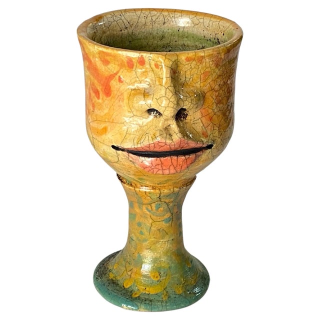 French Yellow Chalice in majolica cracked ceramic. Signed with a name and Vallauris, France.
