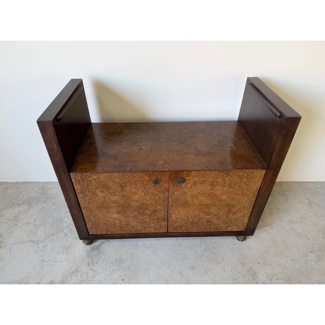 Mid Century Milo Baughman Style Burlwood & Brass Bar Cart With Glass Top For Sale In Miami - Image 6 of 12