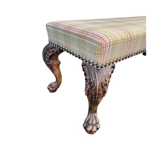 Wood English Chippendale Style Carved Ball-and-Claw Plaid Upholstered Long Bench - 57 Inch For Sale - Image 7 of 12
