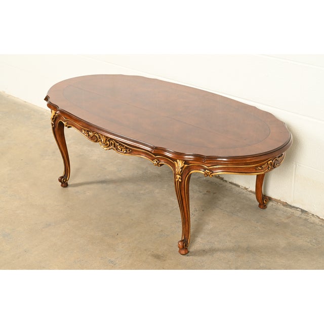 Karges French Rococo Louis XV Banded Walnut Parcel Giltwood Coffee Table, Circa 1980s For Sale - Image 11 of 11