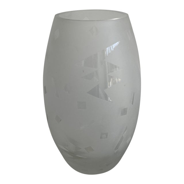 Etched Geometric Glass Vase Postmodern - Signed Gregory 1987 For Sale
