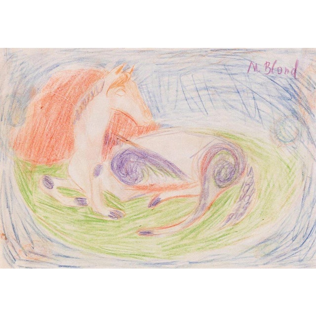 A 1973 coloured pencil drawing by French painter Maurice Blond, depicting a resting horse rendered in red and purple....