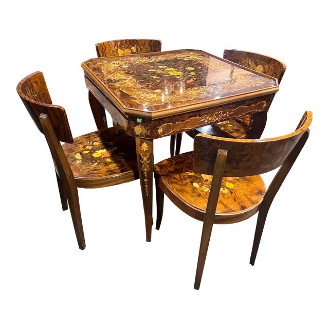 Brown Italian Marquetry Floral Poker Table Set of 7 For Sale