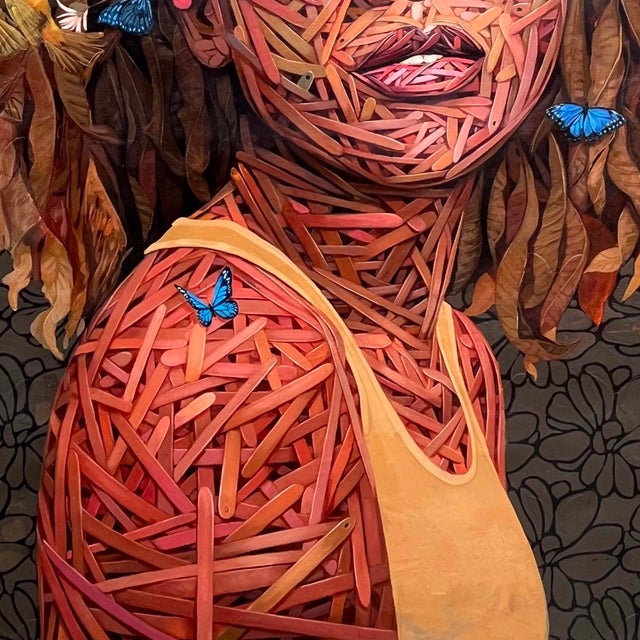 Oasis by Ifeoluwa Alade | Acrylic and glow in the dark medium on canvas portrait of a woman with floral elements. For Sale - Image 4 of 5