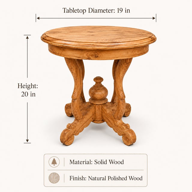 Art Deco Solid Wood Carved Round Side Table, Handcrafted Vintage Accent Lamp Table For Sale - Image 3 of 10