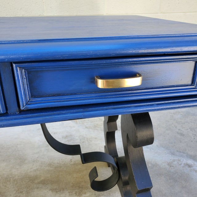 Mid-Century Modern 1970s Mid-Century Writing Desk Painted Sapphire Blue & Black For Sale - Image 3 of 13