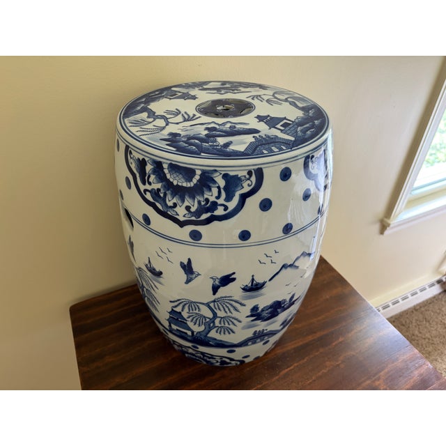 Late 20th Century Blue and White Porcelain Chinoiserie Chinese Garden Stool or Side Table For Sale In South Bend - Image 6 of 12