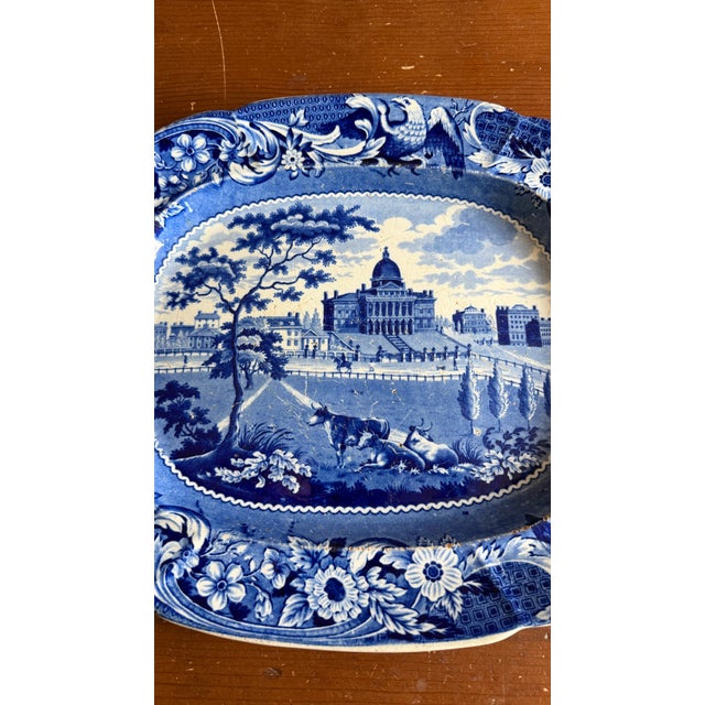 A Very Nice Antique Historical Blue Decorated Staffordshire Platter "State House Boston" by J. Stubbs, Circa 1820's Made...