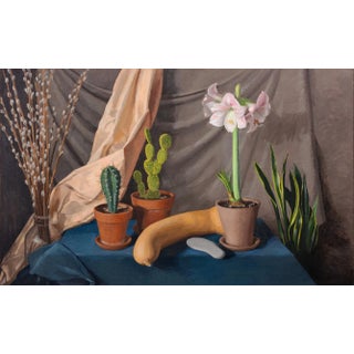 "Amaryllis and Cacti" Contemporary Photorealist Still Life Oil Painting by Sarah F. Burns For Sale