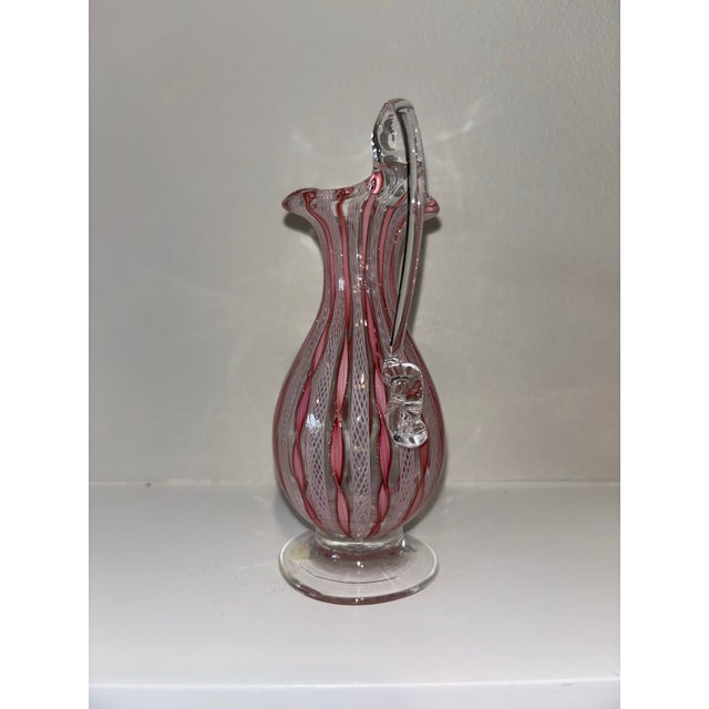 Mid-Century Modern Mid 20th Century Murano Pink & White Latticino Filigree Glass Pitcher & Vase - Set of 2 For Sale - Image 3 of 12