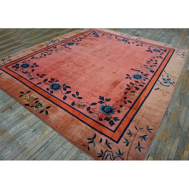 1920s Coral Open Field Antique Chinese Art Deco Square Knotted Pile Floral Rug For Sale - Image 9 of 10