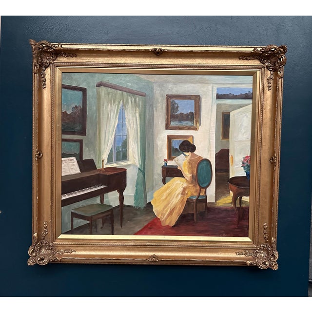 V. Hansen, Interior with Reading Woman, 1960s, Oil Painting on Canvas, Framed For Sale - Image 15 of 17