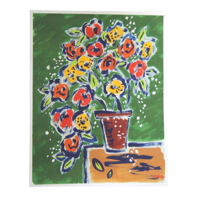 Impressionist Flowers Interior Still Life Green, Gold, Orange, Navy Blue Original Painting by Cleo PLowden For Sale