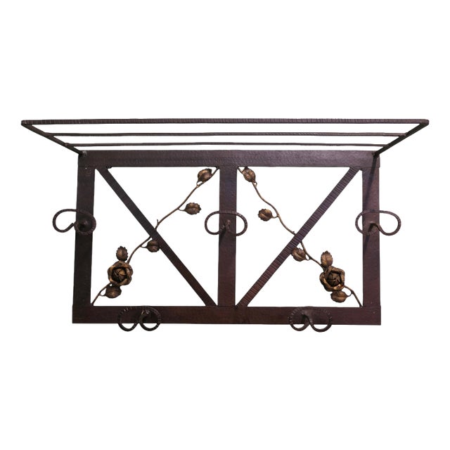 French Art Deco Iron Hat and Coat Rack with Shelf Decorated with Roses, 1920 For Sale