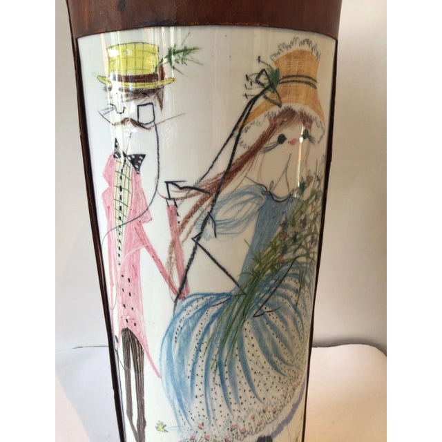 1960s Quadrifoglio Italian Leather & Ceramic Hand Painted Vase or Umbrella Stand For Sale In New York - Image 6 of 11