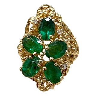 4 Ct Natural Emerald, Five Oval Stone and Diamond Ring 14 Karat Yellow Gold For Sale