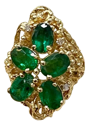 4 Ct Natural Emerald, Five Oval Stone and Diamond Ring 14 Karat Yellow Gold