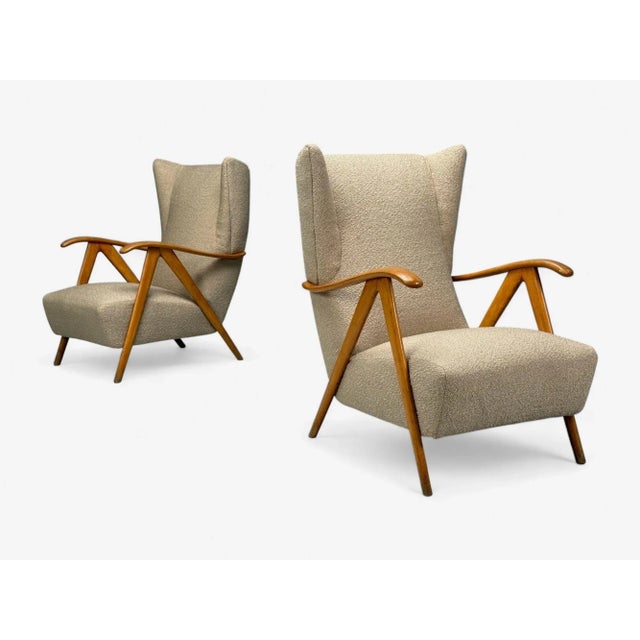 Italian Modern, Beige Boucle, Wood, Sculptural Lounge Chairs, Italy, 1960s For Sale In New York - Image 6 of 12