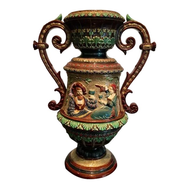 Large 19th Century Majolica 2 Handled Urn by Wilhelm Schiller and Son For Sale