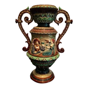 Large 19th Century Majolica 2 Handled Urn by Wilhelm Schiller and Son