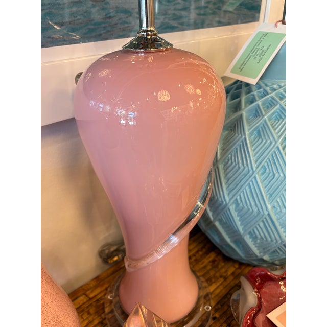 1970s Vintage Art Deco Murano Palm Beach Pink Glass Table Lamps Newly Wired For Sale - Image 5 of 12